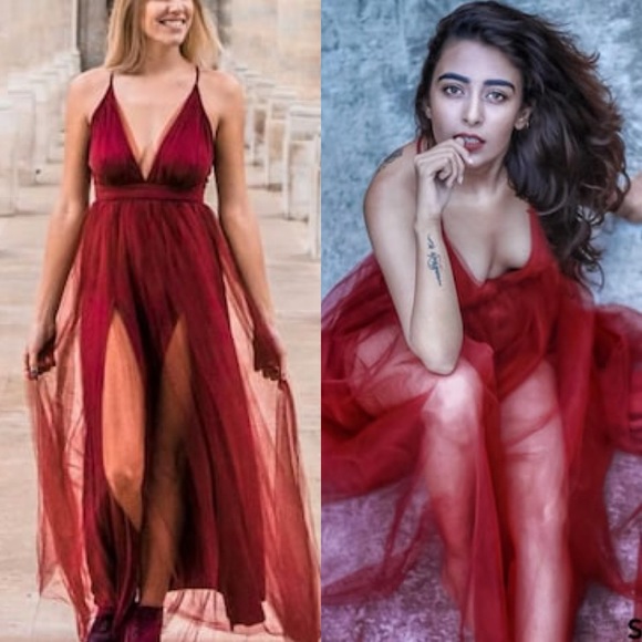 🎉6/$26🎉SHEIN Red Plunge Neck Split Thigh Tulle Dress - Picture 3 of 4